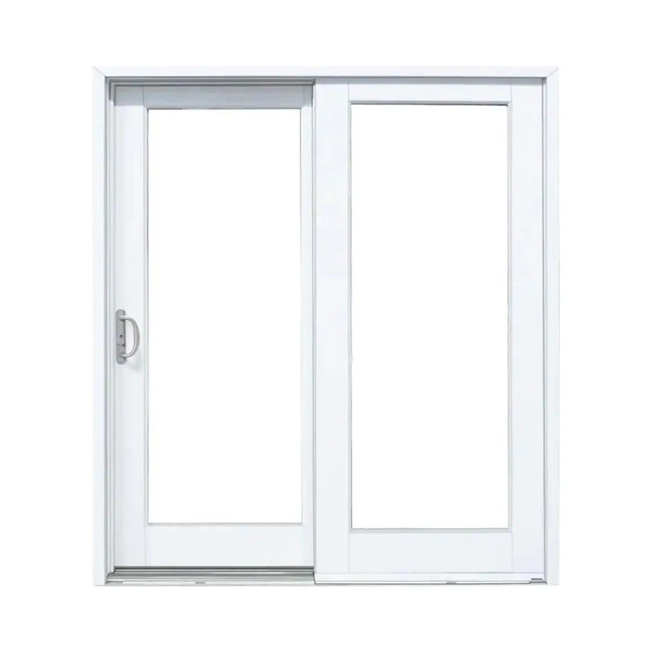 The Go Build 72 in. x 80 in. Smooth Left-Hand Composite Sliding Patio Door features a white frame, two large glass panels (left panel slides open), and is Energy Star certified for efficiency.